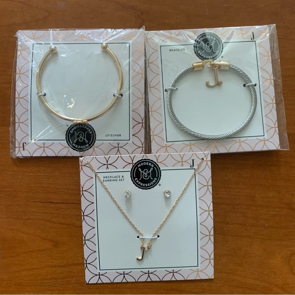 J Monogram Jewelry Bundle Modern Expressions Necklace,Earrings, 2 Bracelets, NWT